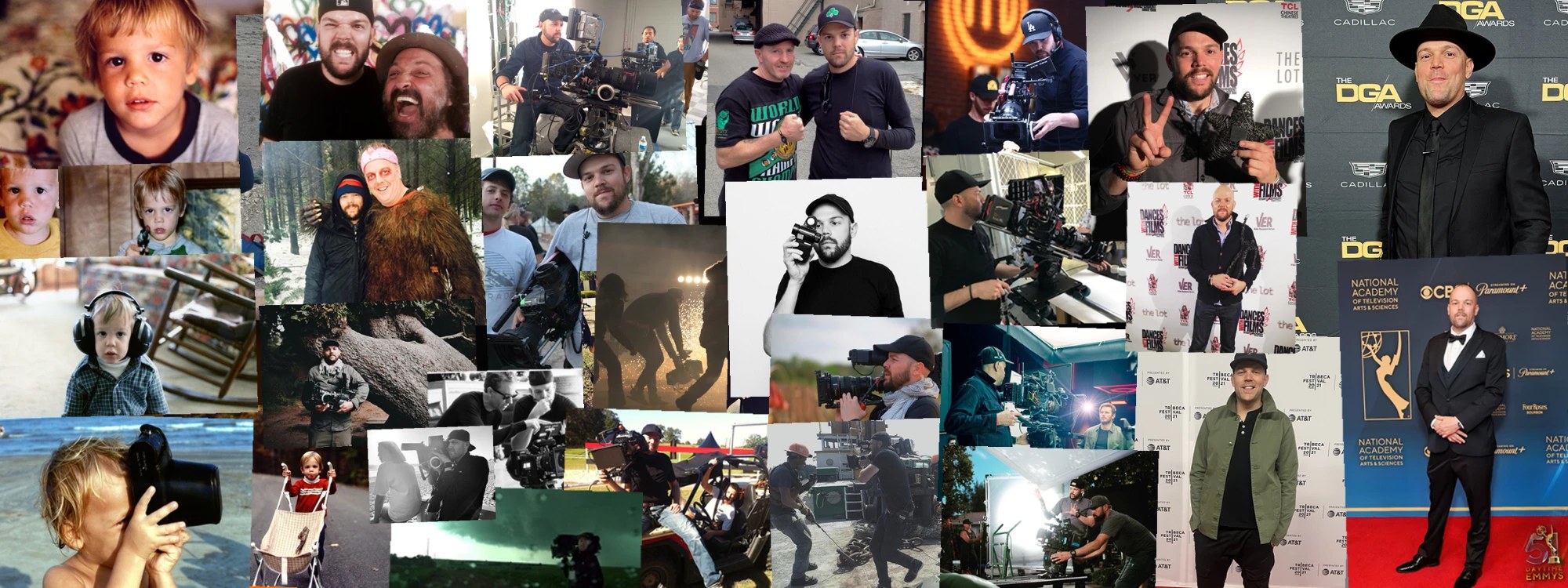 Chronological photo collage of Adrian Pruett, from South Miami childhood through the set years to the Tribeca Festival, DGA Awards, and Daytime Emmys